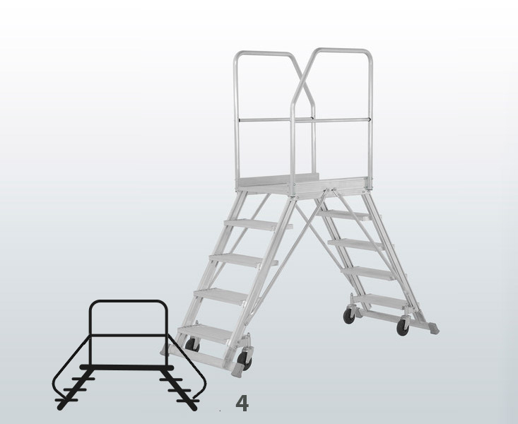 [050755] Escalera móvil con plataforma, acceso por dos lados con barandilla y 4 escalones - Dim.: 1500x890x2000h mm - Aluminio