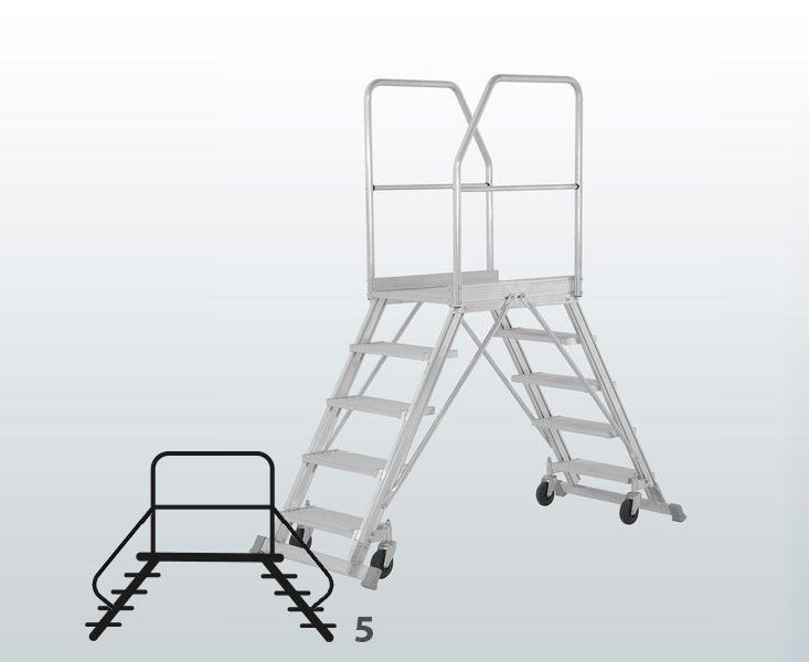 [050756] Escalera móvil con plataforma, acceso por dos lados con barandillas y 5 escalones - Dim.: 1700x890x2240h mm - Aluminio