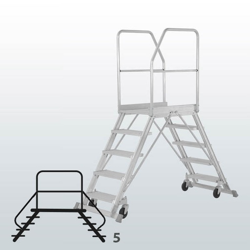 [050756] Escalera móvil con plataforma, acceso por dos lados con barandillas y 5 escalones - Dim.: 1700x890x2240h mm - Aluminio