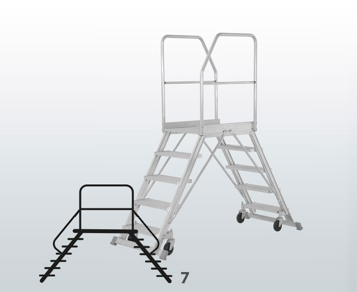 [050758] Escalera móvil con plataforma, acceso por dos lados con barandillas y 7 escalones - Dim.: 2100x1200x2730h mm - Aluminio