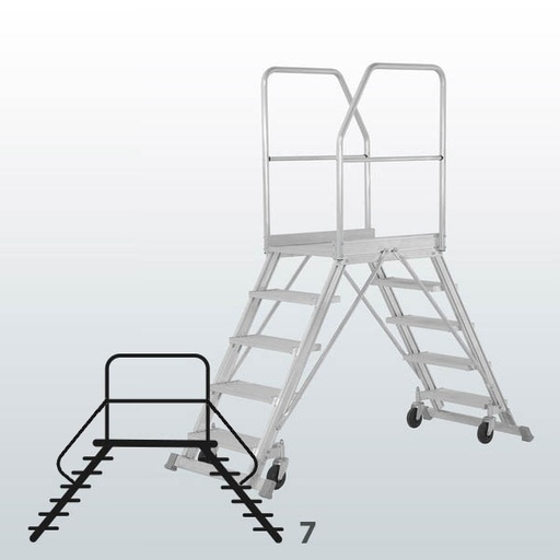[050758] Escalera móvil con plataforma, acceso por dos lados con barandillas y 7 escalones - Dim.: 2100x1200x2730h mm - Aluminio