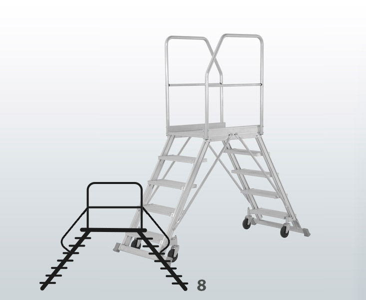 [050759] Escalera móvil con plataforma, acceso por dos lados con barandillas y 8 escalones - Dim.: 2300x1200x2970h mm - Aluminio