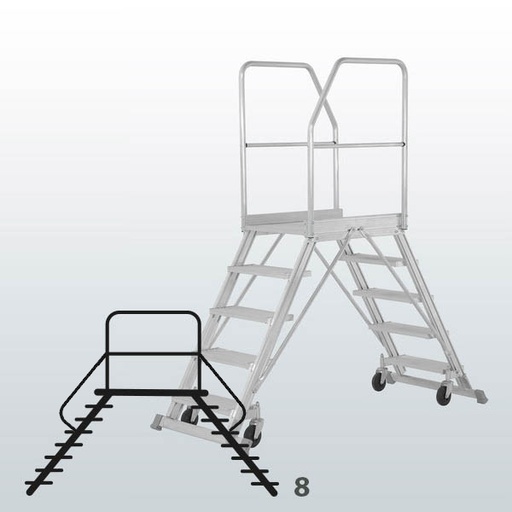 [050759] Escalera móvil con plataforma, acceso por dos lados con barandillas y 8 escalones - Dim.: 2300x1200x2970h mm - Aluminio