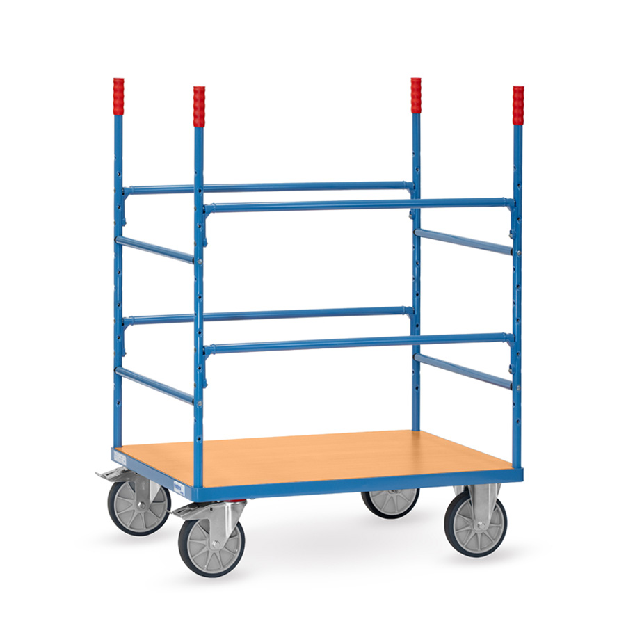 [050814] Carro de plataforma de madera con puntales y soportes para tubos y barras - Dim. plataforma 850 x 500 mm - Azul Ral 5007