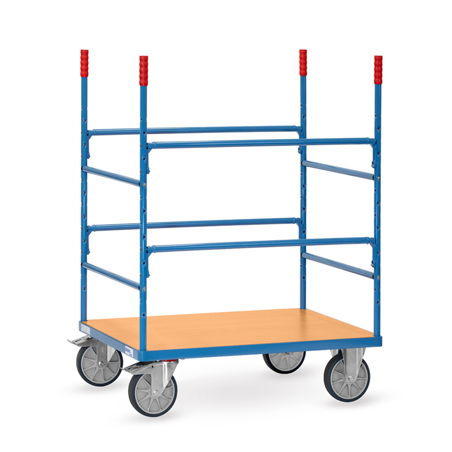 [050815] Carro de plataforma de madera con puntales y soportes para tubos y barras - Dim. plataforma 1000 x 600 mm - Azul Ral 5007