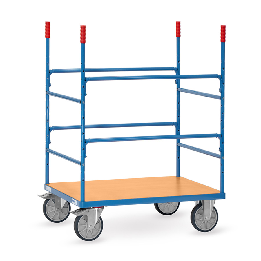 [050816] Carro de plataforma de madera con puntales y soportes para tubos y barras - Dim. plataforma 1000 x 700 mm - Azul Ral 5007