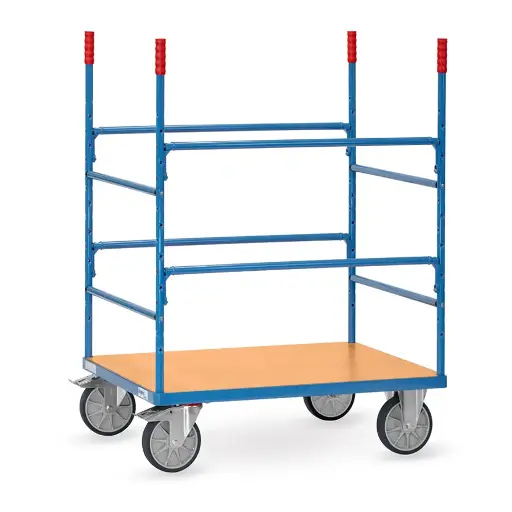 [050816] Carro de plataforma de madera con puntales y soportes para tubos y barras - Dim. plataforma 1000 x 700 mm - Azul Ral 5007