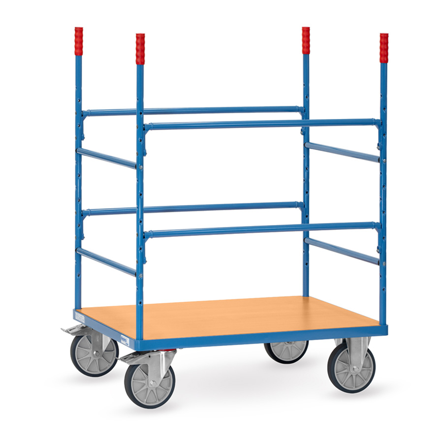 [050817] Carro de plataforma de madera con puntales y soportes para tubos y barras - Dim. plataforma 1200 x 800 mm - Azul Ral 5007