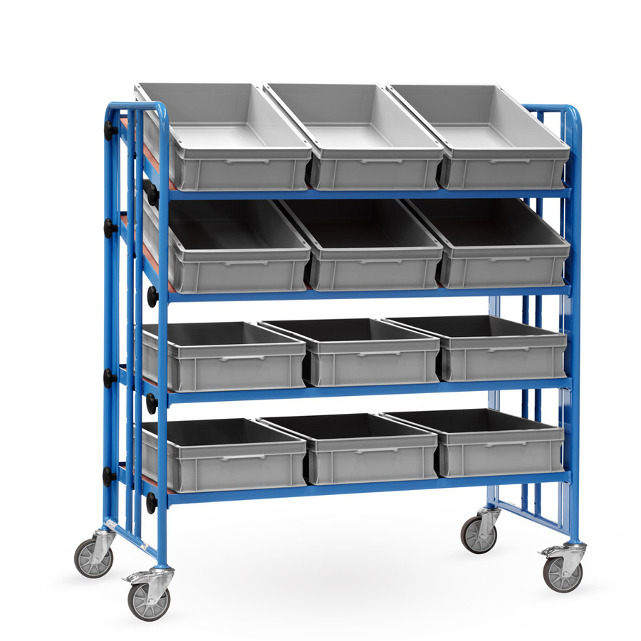 [050827] Carro porta cajas Eurobox con estante de madera (con cajas) - Dim. plataforma 1280 x 685 mm - Azul ral 5007