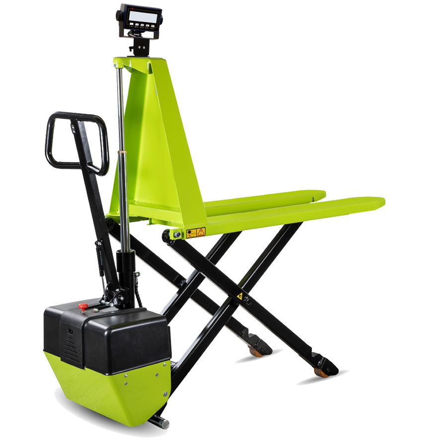 [042318] Transpaleta de pantógrafo pesadora, con movimiento manual y elevación eléctrica - Dim. palas: 1150x540 mm - Verde Pantone 382C