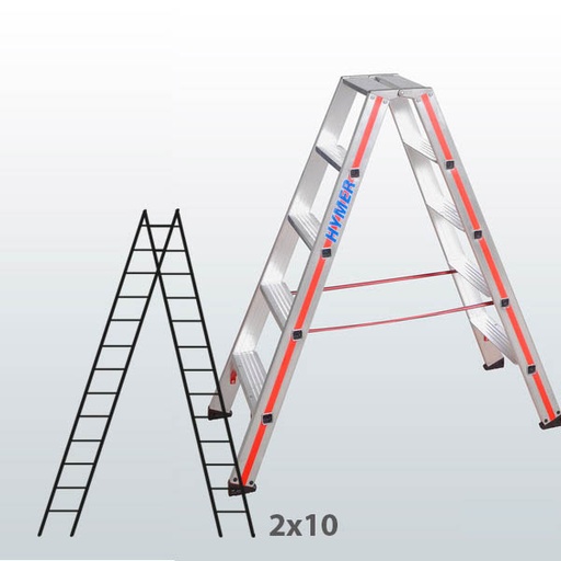 [001102] Escalera manual de tijera con acceso por 2 lados para uso experto con 2x10 escalones - Aluminio 