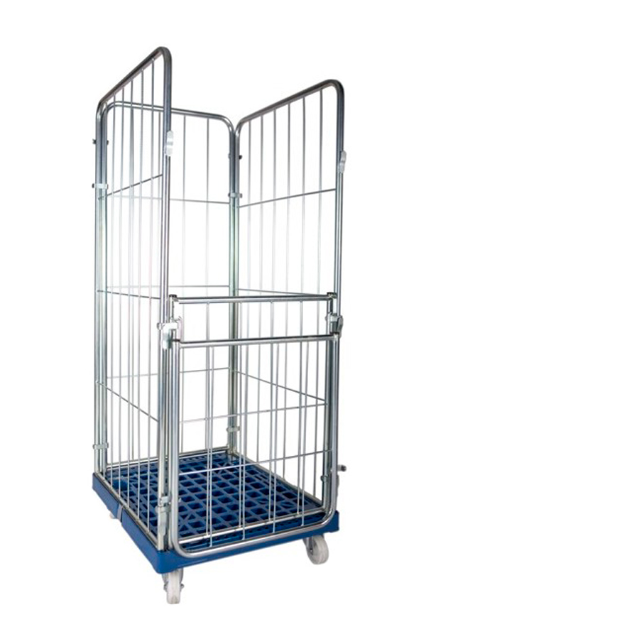 [011798] Roll contenedor de varilla cincada con 3 lados, 1 puerta y base plástica - Dim.: 720x800x1800h mm - Acero cincado