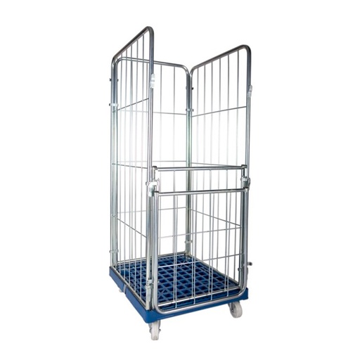 [011798] Roll contenedor de varilla cincada con 3 lados, 1 puerta y base plástica - Dim.: 720x800x1800h mm - Acero cincado