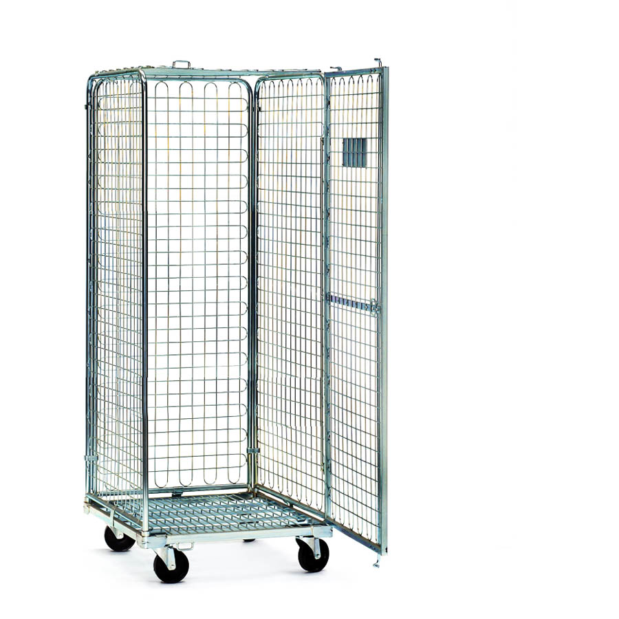 [011804] Roll contenedor de varilla cincada con 3 lados y puerta completa - Dim.: 720x830x1840h mm - Acero cincado