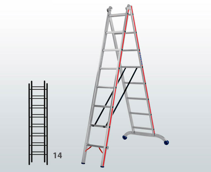 [012899] Escalera transformable de 2 tramos para uso profesional con 14 peldaños - Dim.: 960 x 60 x 4070h mm - Aluminio