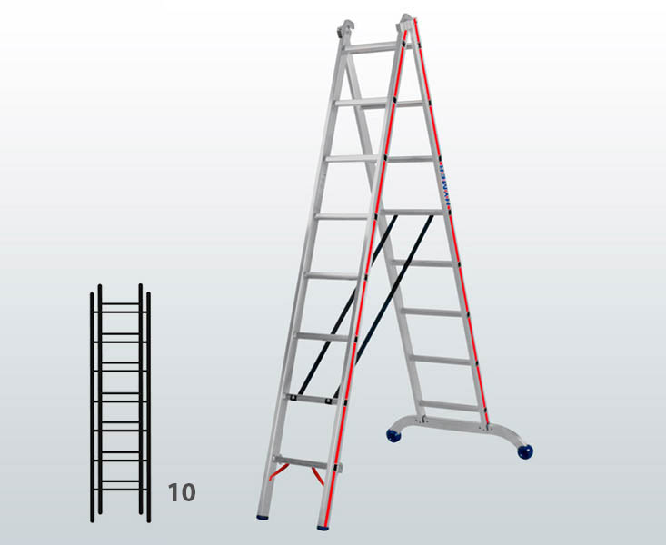 [012900] Escalera transformable de 2 tramos para uso profesional con 10 peldaños - Dim.: 960 x 60 x 2950h mm - Aluminio