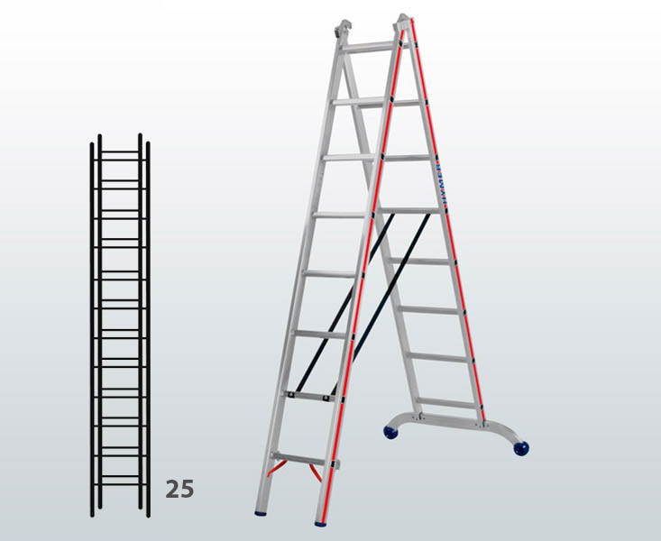 [012903] Escalera transformable de 2 tramos para uso profesional con 25 peldaños - Dim.: 1150 x 83 x 7160h mm - Aluminio