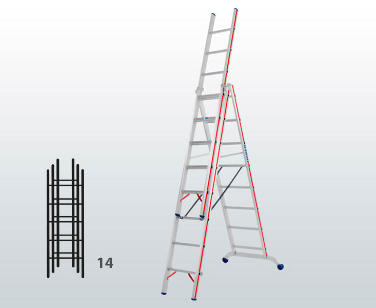 [012904] Escalera manual transformable de 3 tramos para uso profesional con 14 peldaños - Dim.: 1030 x 89 x 4110h mm - Aluminio