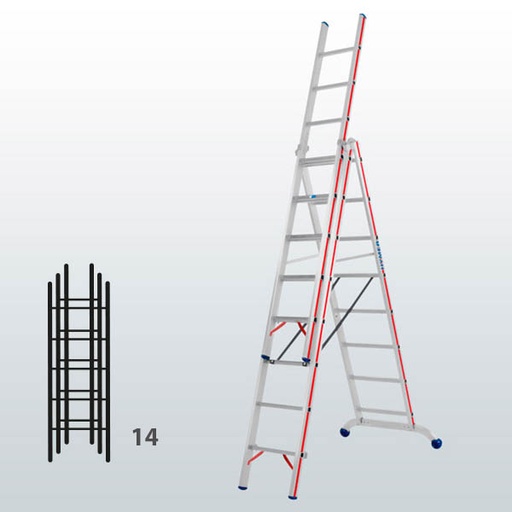 [012904] Escalera manual transformable de 3 tramos para uso profesional con 14 peldaños - Dim.: 1030 x 89 x 4110h mm - Aluminio