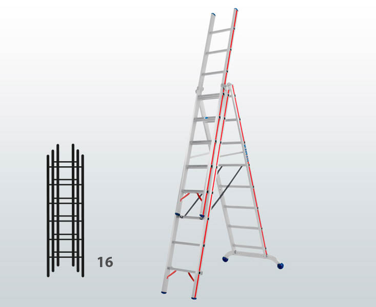 [012905] Escalera manual transformable de 3 tramos para uso profesional con 16 peldaños - Dim.: 1030 x 89 x 4570h mm - Aluminio