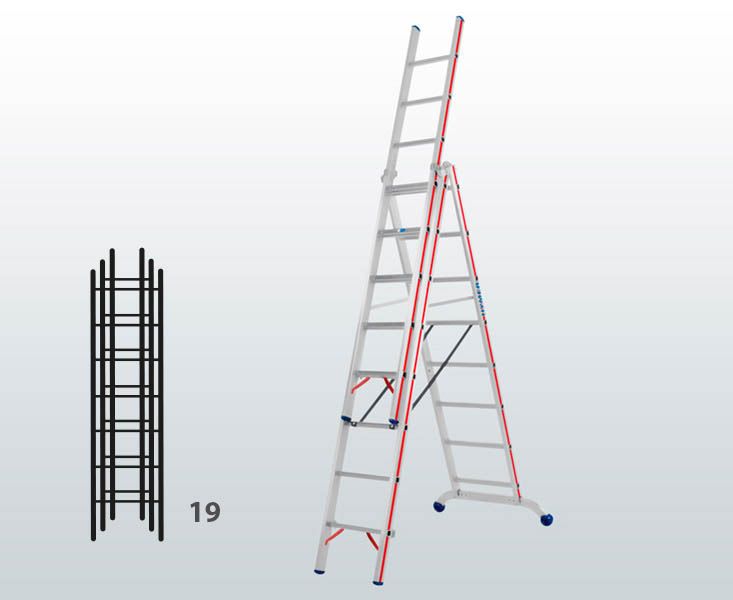 [012906] Escalera manual transformable de 3 tramos para uso profesional con 19 peldaños - Dim.: 1030 x 89 x 5510h mm - Aluminio