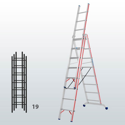 [012906] Escalera manual transformable de 3 tramos para uso profesional con 19 peldaños - Dim.: 1030 x 89 x 5510h mm - Aluminio