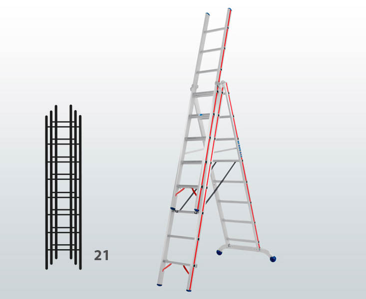[012907] Escalera manual transformable de 3 tramos para uso profesional con 21 peldaños - Dim.: 1150 x 89 x 6070h mm - Aluminio
