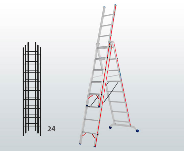 [012908] Escalera manual transformable de 3 tramos para uso profesional con 24 peldaños - Dim.: 1150 x 89 x 6980h mm - Aluminio