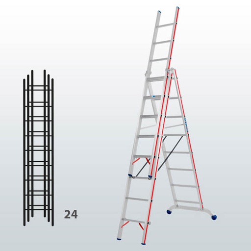 [012908] Escalera manual transformable de 3 tramos para uso profesional con 24 peldaños - Dim.: 1150 x 89 x 6980h mm - Aluminio