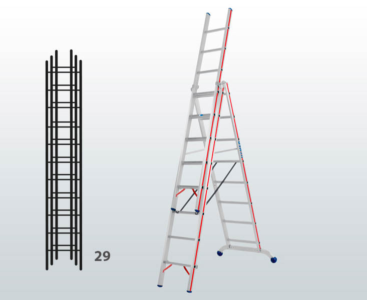 [012909] Escalera manual transformable de 3 tramos para uso profesional con 29 peldaños - Dim.: 1150 x 89 x 8380h mm - Aluminio