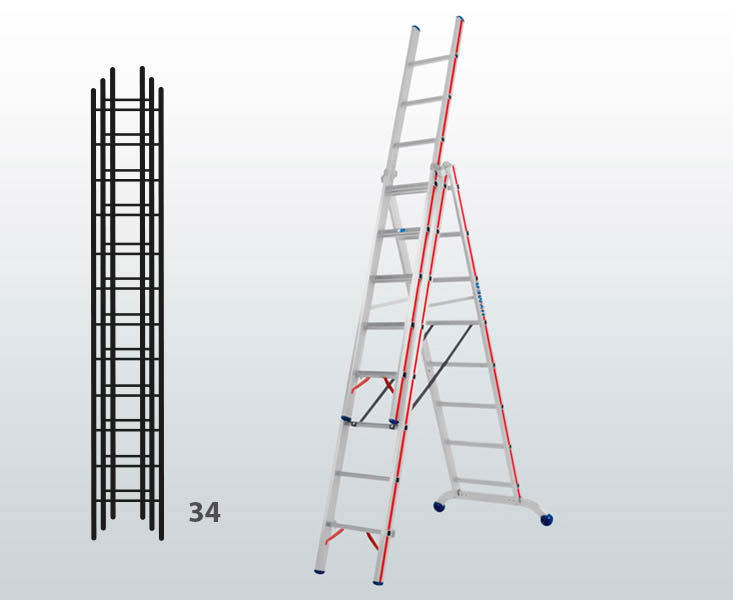 [012910] Escalera manual transformable de 3 tramos para uso profesional con 34 peldaños - Dim.: 1150 x 89 x 9780h mm - Aluminio