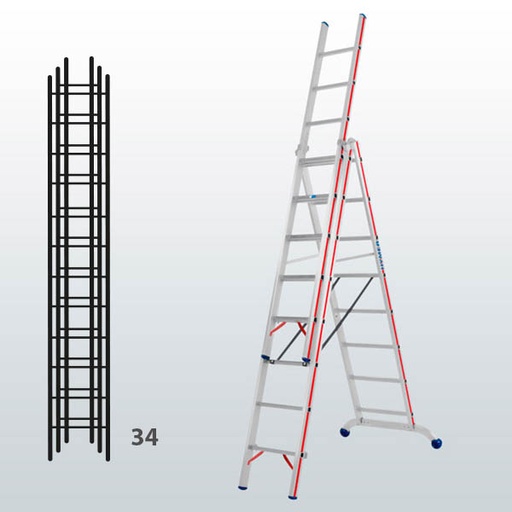 [012910] Escalera manual transformable de 3 tramos para uso profesional con 34 peldaños - Dim.: 1150 x 89 x 9780h mm - Aluminio