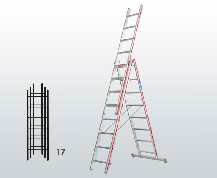 [012914] Escalera manual transformable de 3 tramos para uso industrial con 17 peldaños - Dim.: 950 x 66 x 4870h mm - Aluminio
