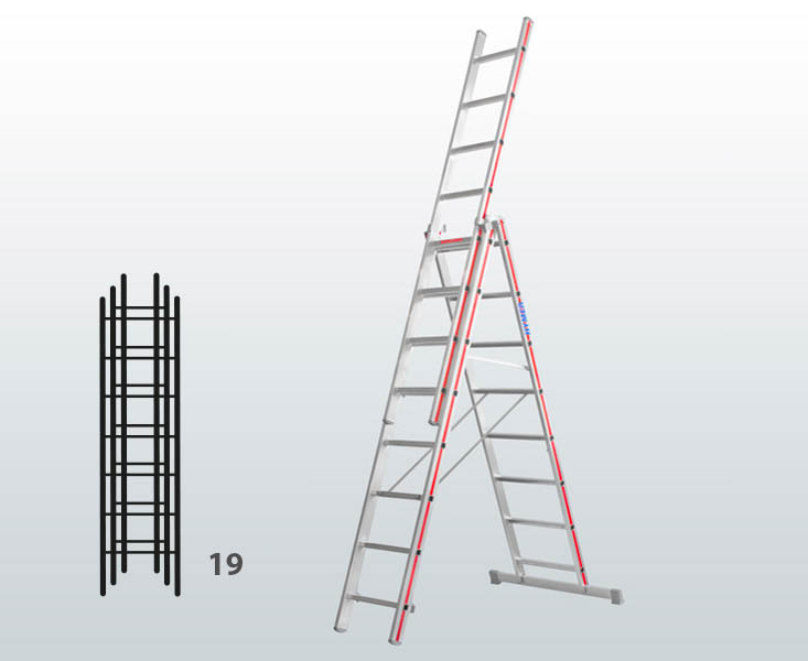 [012915] Escalera manual transformable de 3 tramos para uso industrial con 19 peldaños - Dim.: 950 x 71 x 5430h mm - Aluminio
