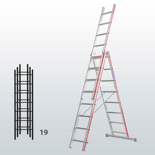 [012915] Escalera manual transformable de 3 tramos para uso industrial con 19 peldaños - Dim.: 950 x 71 x 5430h mm - Aluminio