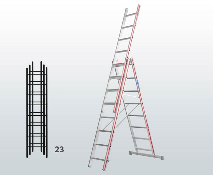 [012916] Escalera manual transformable de 3 tramos para uso industrial con 23 peldaños - Dim.: 950 x 83 x 6550h mm - Aluminio
