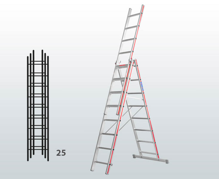 [012917] Escalera manual transformable de 3 tramos para uso industrial con 25 peldaños - Dim.: 950 x 83 x 7110h mm - Aluminio
