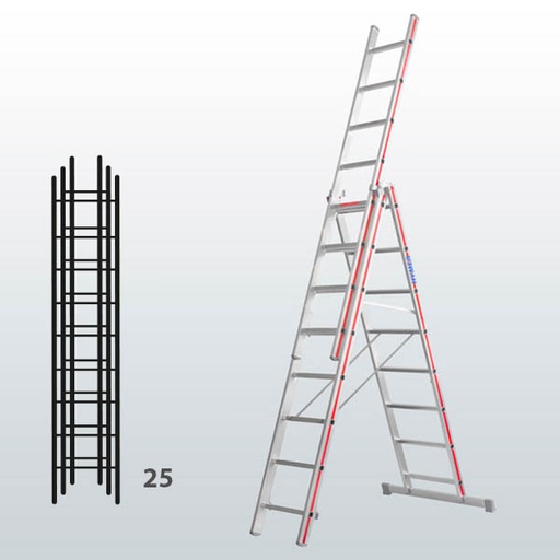 [012917] Escalera manual transformable de 3 tramos para uso industrial con 25 peldaños - Dim.: 950 x 83 x 7110h mm - Aluminio
