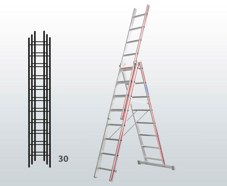 [012919] Escalera manual transformable de 3 tramos para uso industrial con 30 peldaños - Dim.: 950 x 89 x 8510h mm - Aluminio