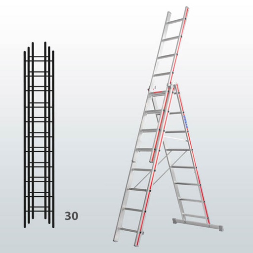 [012919] Escalera manual transformable de 3 tramos para uso industrial con 30 peldaños - Dim.: 950 x 89 x 8510h mm - Aluminio