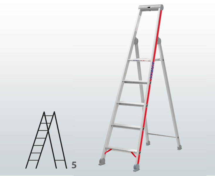 [012938] Escalera manual de tijera con acceso por 1 lado para uso industrial con 5 escalones - Dim.: 465 x 1870h mm - Aluminio