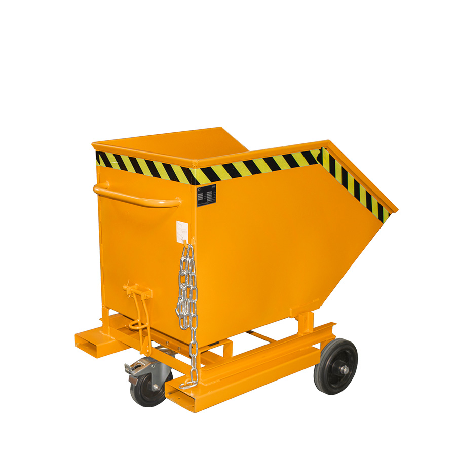 [014572] Contenedor basculante manual con ruedas y guías para carretilla - Capacidad 0,4 m³ - Dim.: 1330x900x1090 mm - naranja ral 2000