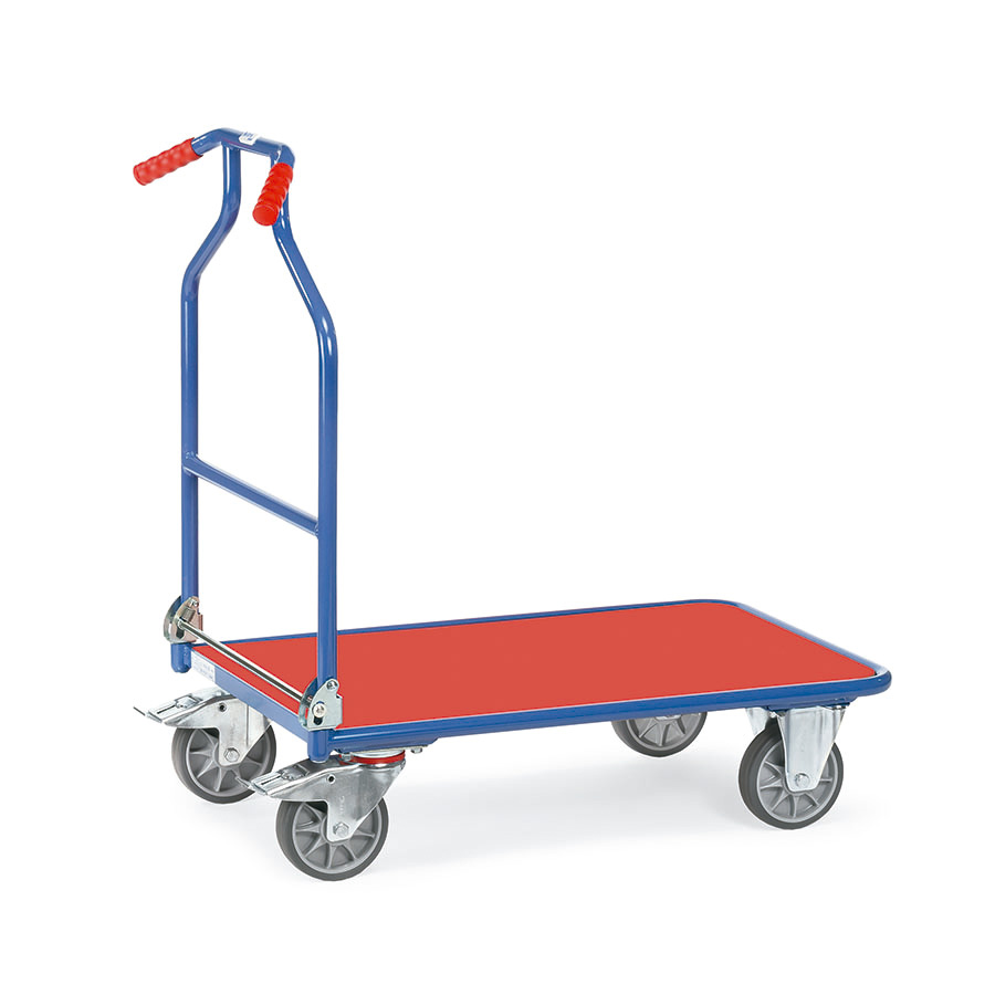 [014846] Carro con tirador metálico plegable y plataforma de plástico - Dim. plataforma 900x600 mm - Azul ral 5007 y rojo
