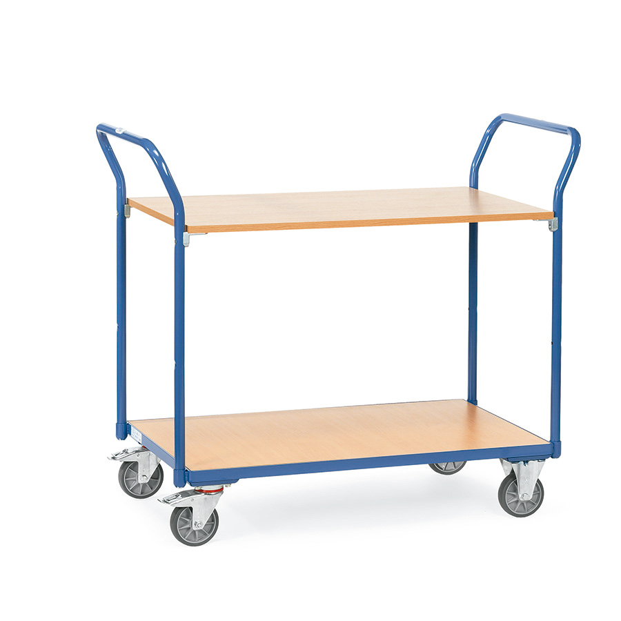 [014896] Carro de transporte para taller con 2 estantes fijos de madera - Dim. plataforma 850 x 500 mm - Azul ral 5007