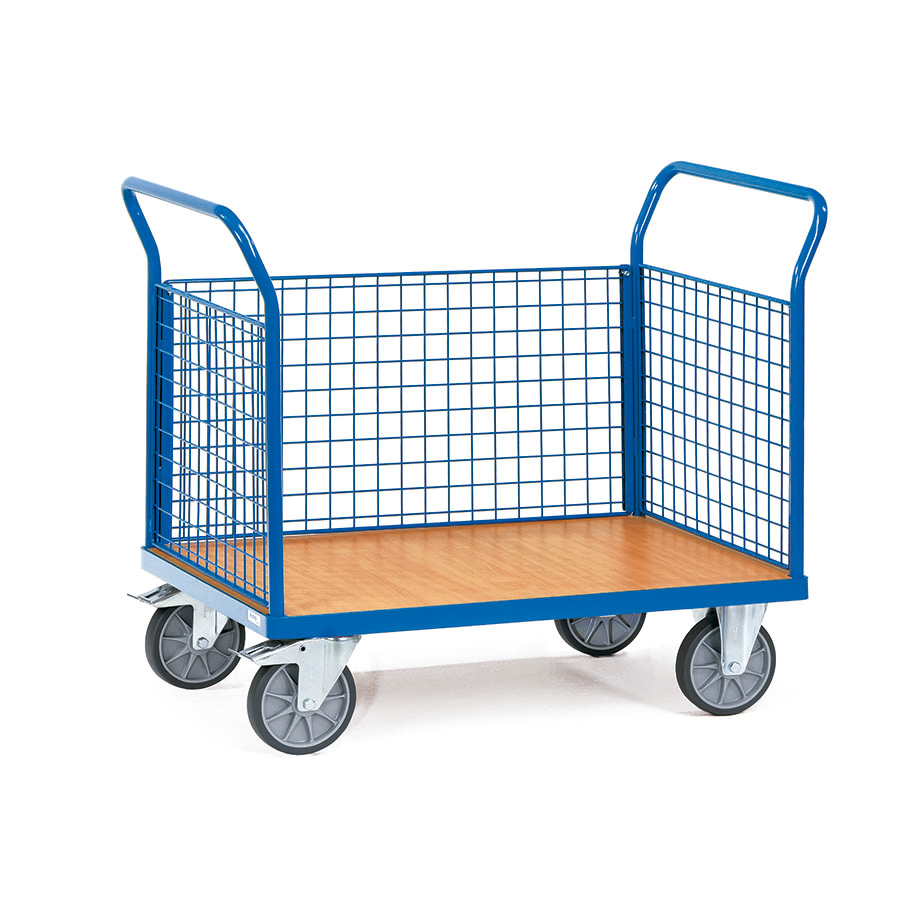 [014907] Carro de plataforma de madera con 3 paredes de malla - Dim. plataforma de madera 1.000 x 700 mm - Azul Ral 5007