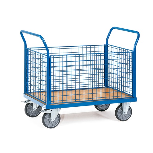 [014909] Carro de plataforma de madera con 4 paredes de malla - Dim. plataforma 850 x 500 mm - Azul Ral 5007