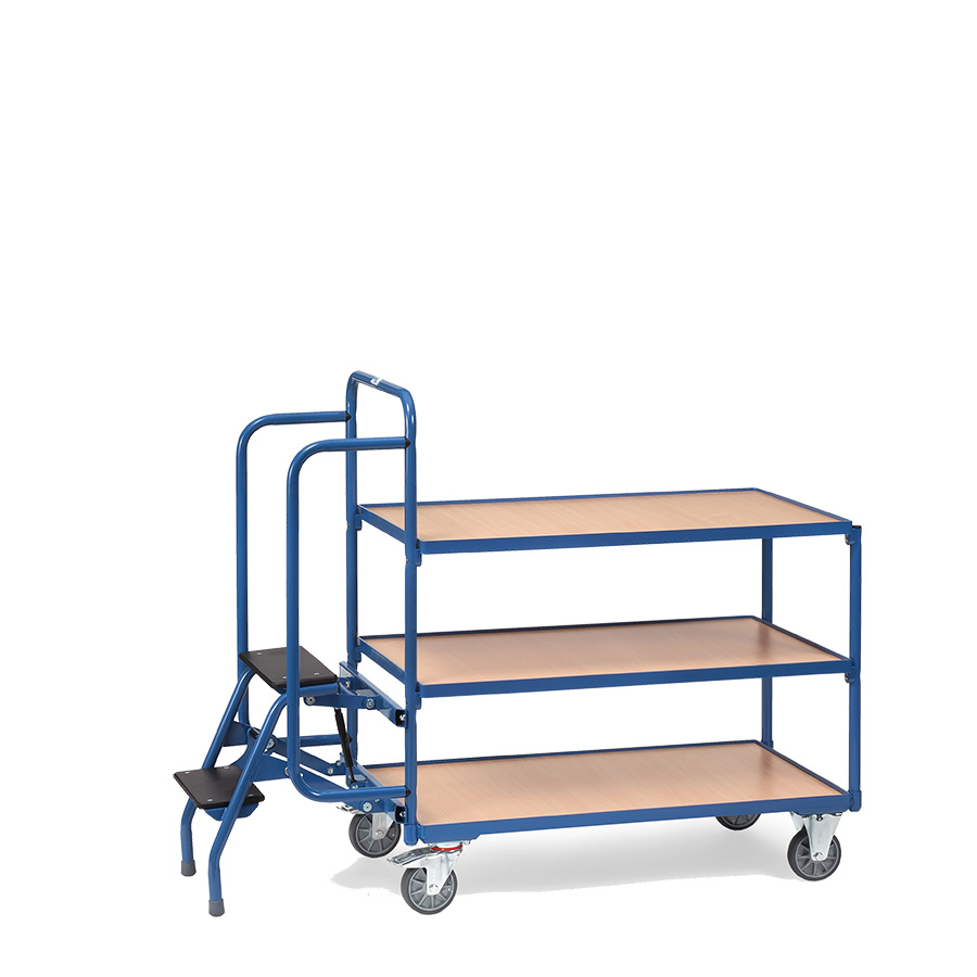 [014920] Carro de acero para picking con escalera y 3 estantes - Dim. plataforma: 1000x600 mm - Azul ral 5007