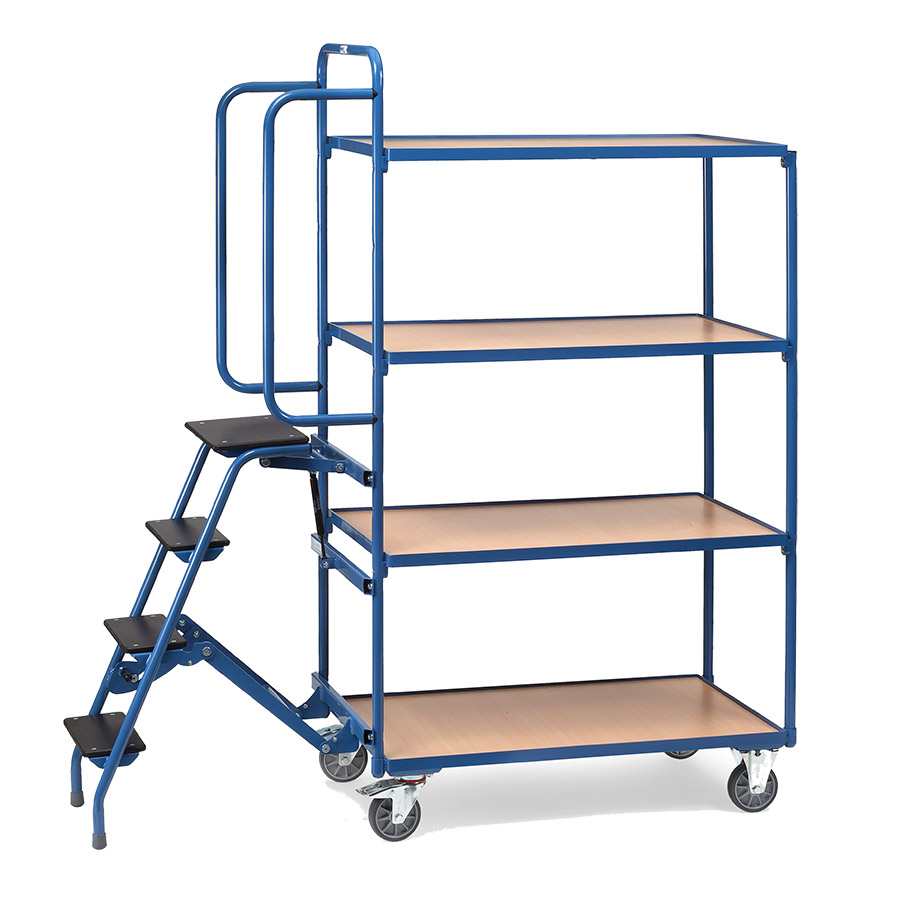 [014921] Carro de acero para picking con escalera y 4 estantes - Dim. plataforma: 1000x600 mm - Azul ral 5007