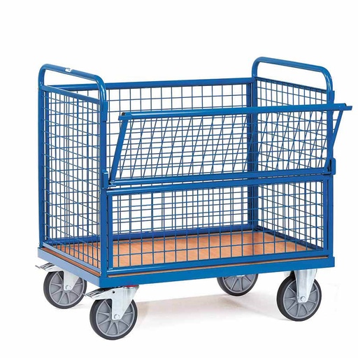 [014922] Carro protegido con paredes de malla y 1 puerta batiente - Dim. plataforma 1.200 x 800 mm - Azul ral 5007