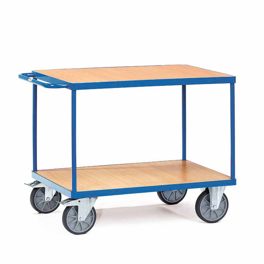 [014949] Carro de transporte para taller con 2 estantes fijos de madera - Dim. plataforma 850 x 500 mm - Azul ral 5007